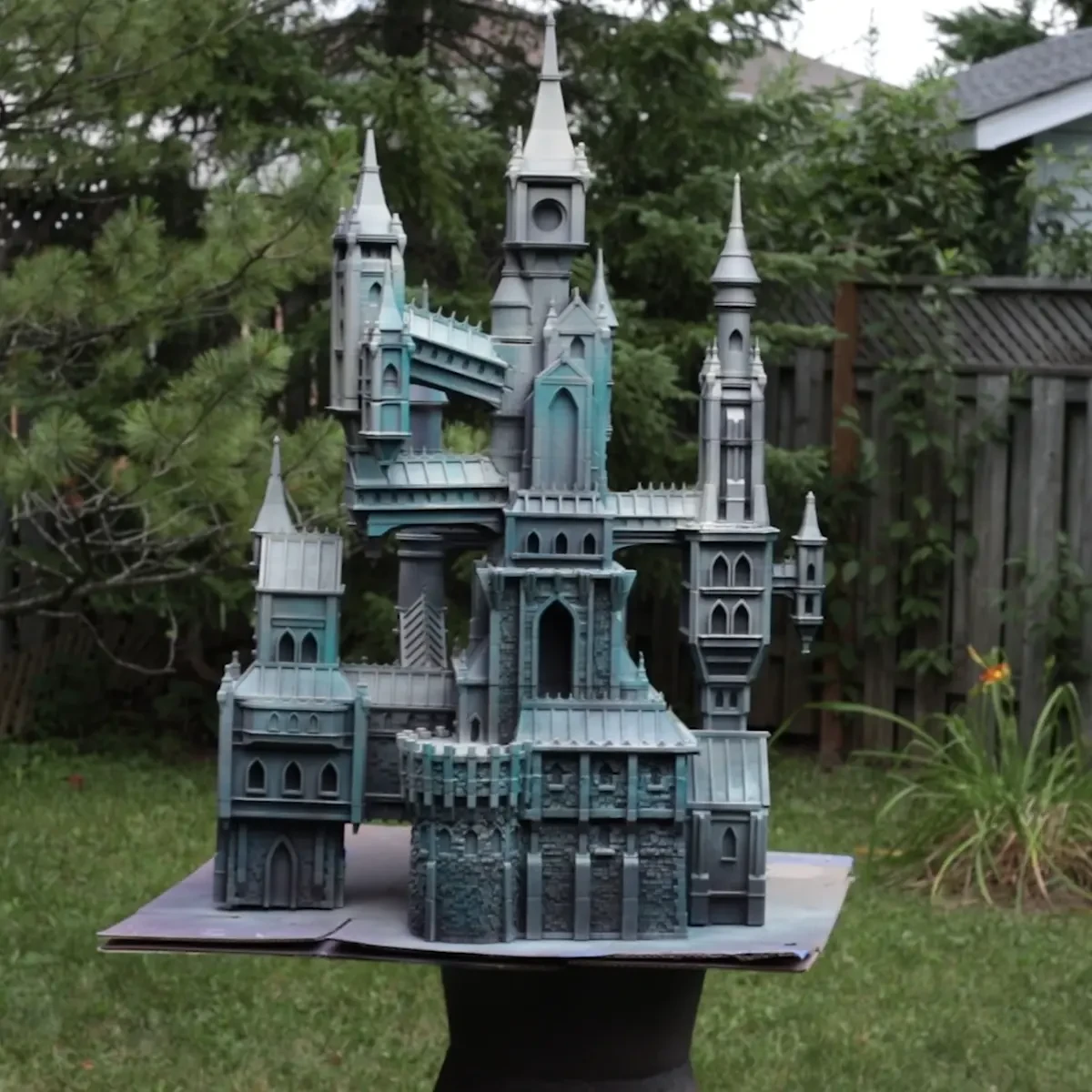 The real assembled and painted Castlevania castle from the original printer-race build, photographed outdoors