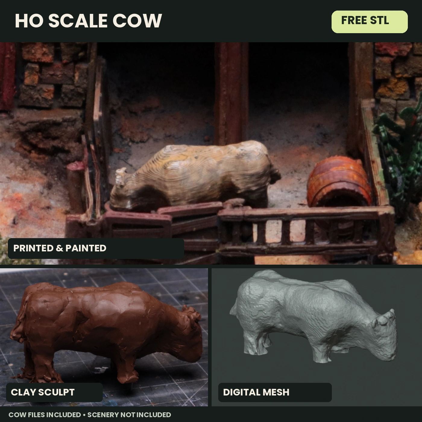 Clay sculpt, digital mesh and printed cow shown together