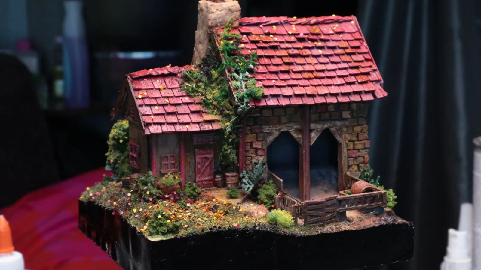 The finished painted cottage diorama from the front
