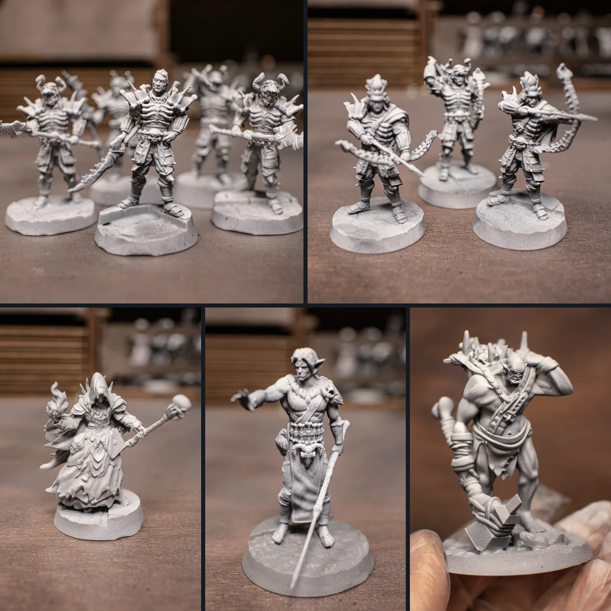 The real printed Crimson Castellan miniatures: spearmen, archers, Marrow Mage, Sculpted Perfection and the Builder