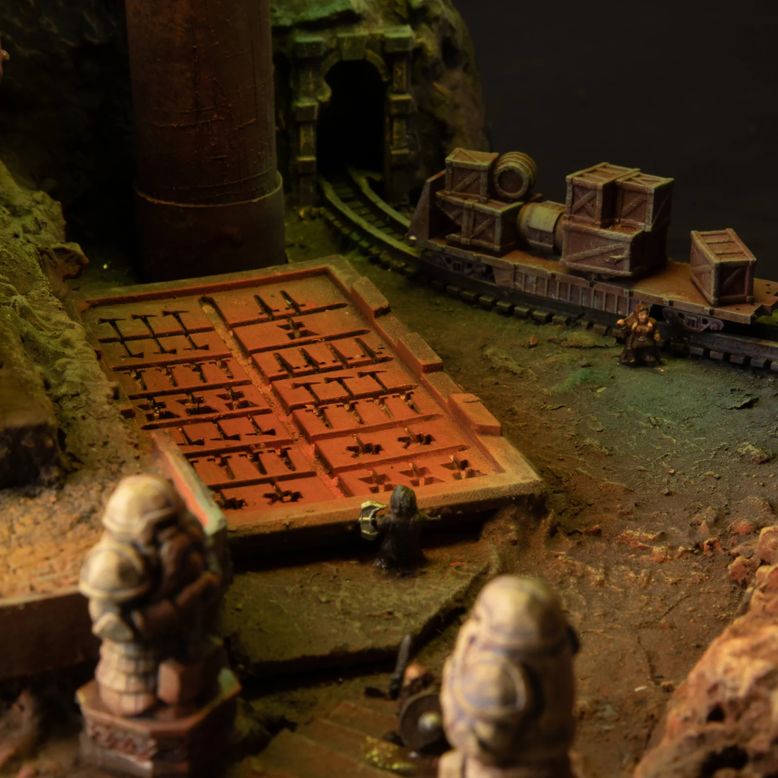 Painted casting mold, crates, cart and track from the foundry build